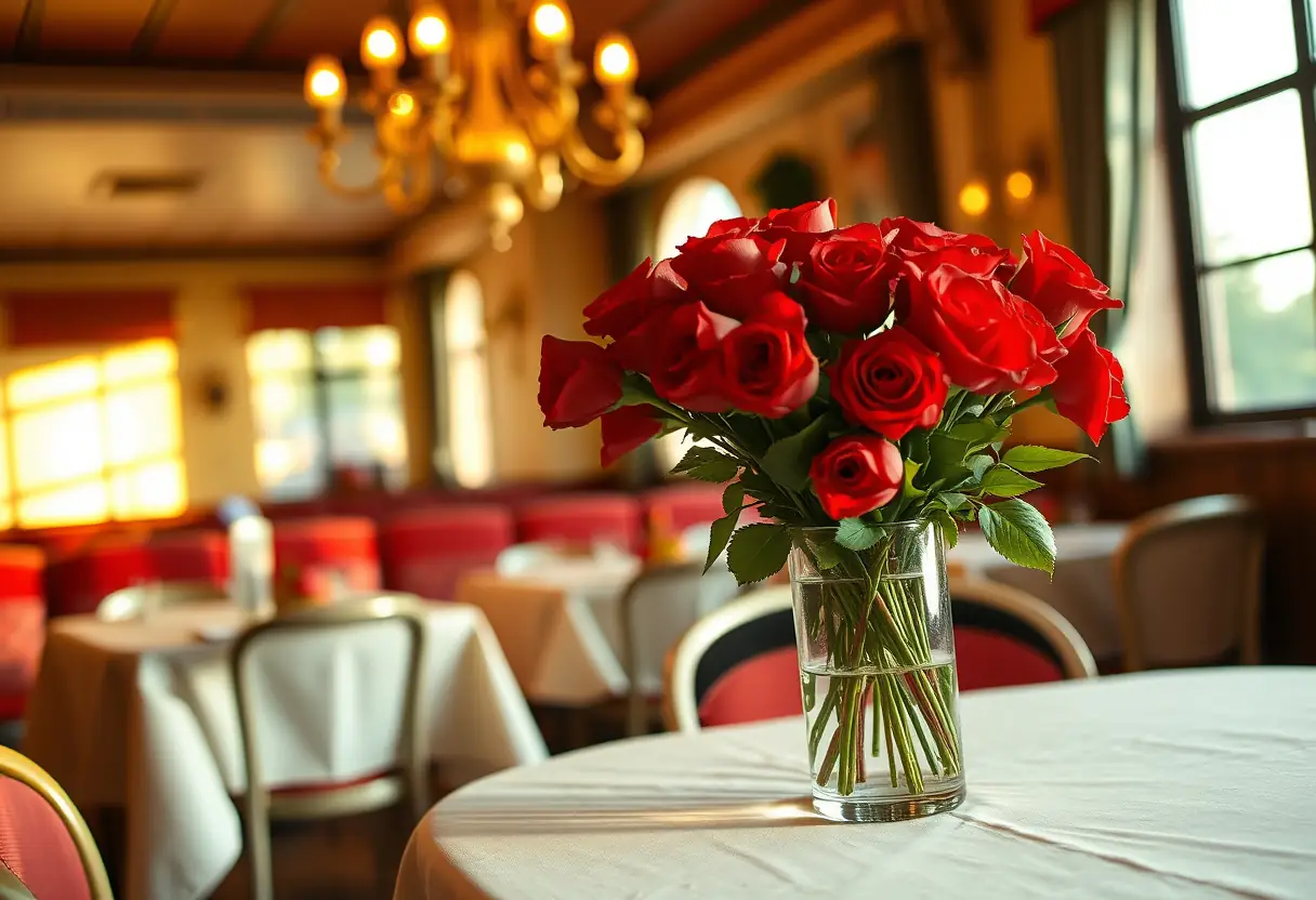 Vase de roses rouges sur une table dans un bistro chaleureux