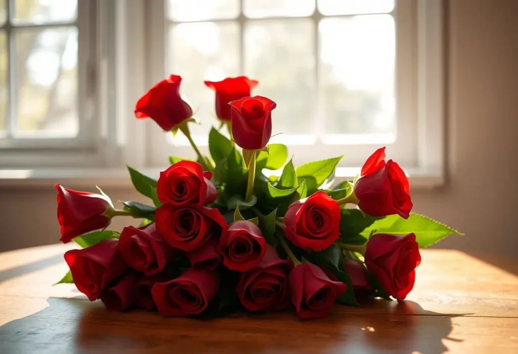 Un bouquet de roses rouges sur une table en bois, éclairé par la lumière du matin