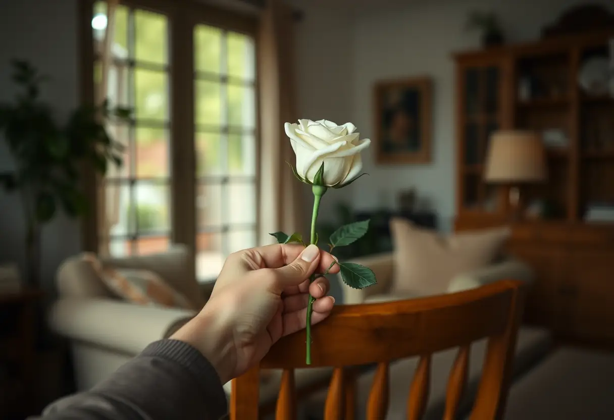 Une main tenant une rose blanche sur une chaise en bois dans un salon accueillant