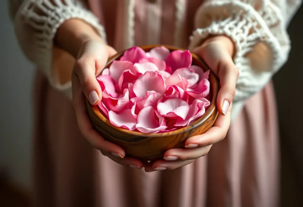 Une main tenant un bol en bois rempli de pétales de roses fraîches, symbole d’amour et de pureté