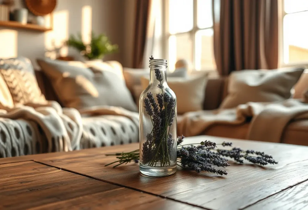 Une bouteille de verre contenant des lavandes sèches, symbole de bien-être et de sérénité