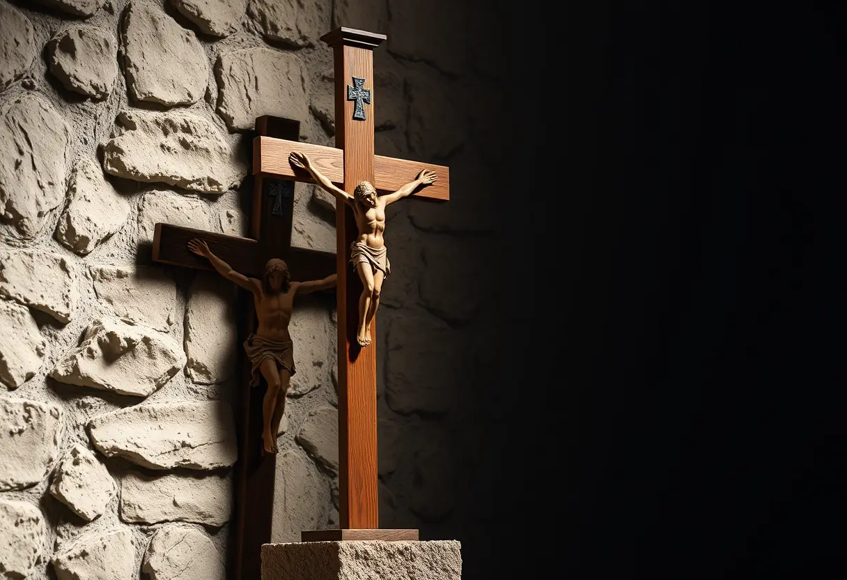 Croix en bois contre un mur de pierre, lumière tamisée, symbole de dévotion et de sacrifice