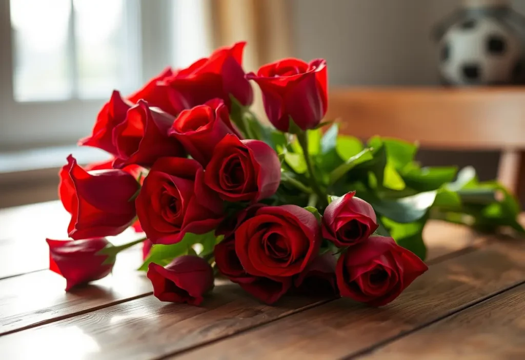 Bouquet de roses rouges sur une table en bois, éclairées par la lumière du matin
