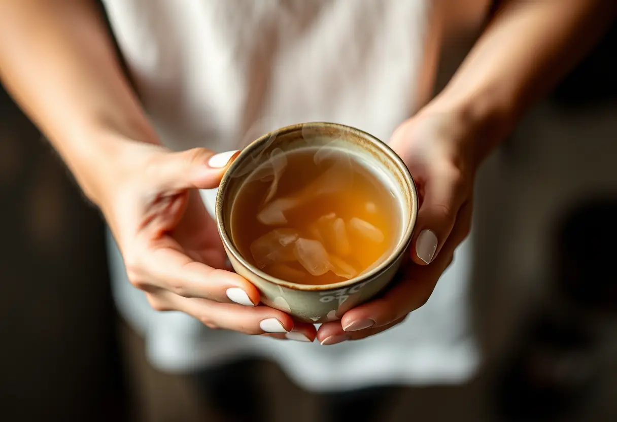 Mains tenant une tasse de thé fumant, la chaleur du thé se voit à travers la porcelaine translucide