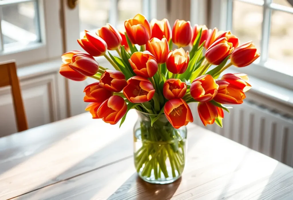 Un vase rempli de tulipes colorées sur une table en bois