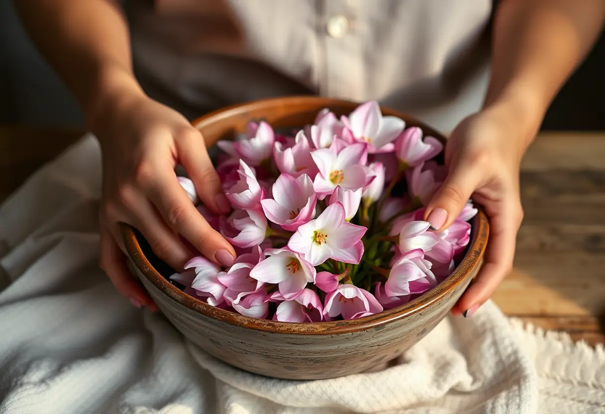 Des mains disposant délicatement des cyclamens dans un bol rustique