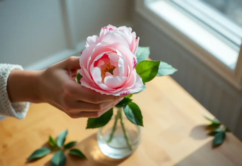 Une main féminine arrange délicatement une pivoine dans un vase, lumière naturelle douce