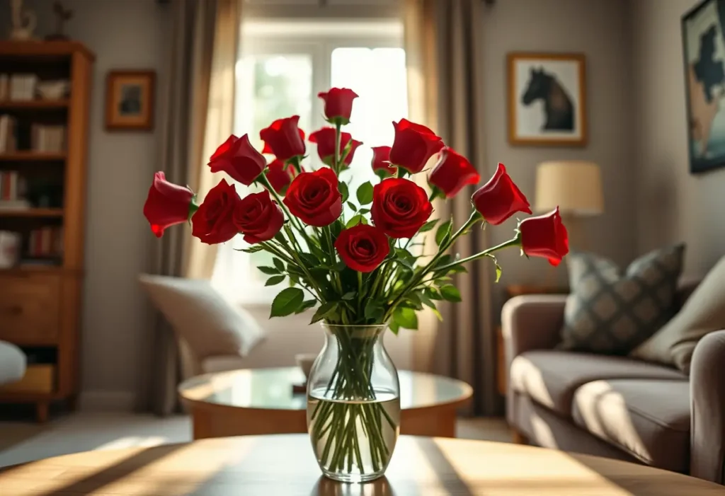 Un vase rempli de roses rouges dans un salon accueillant
