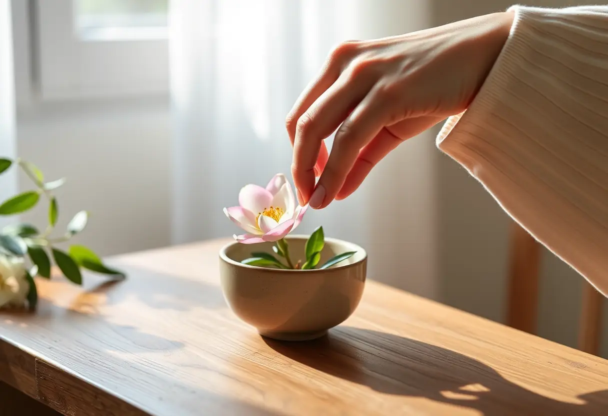 Une main féminine arrange délicatement une pivoine dans un bol en céramique sur une table en bois