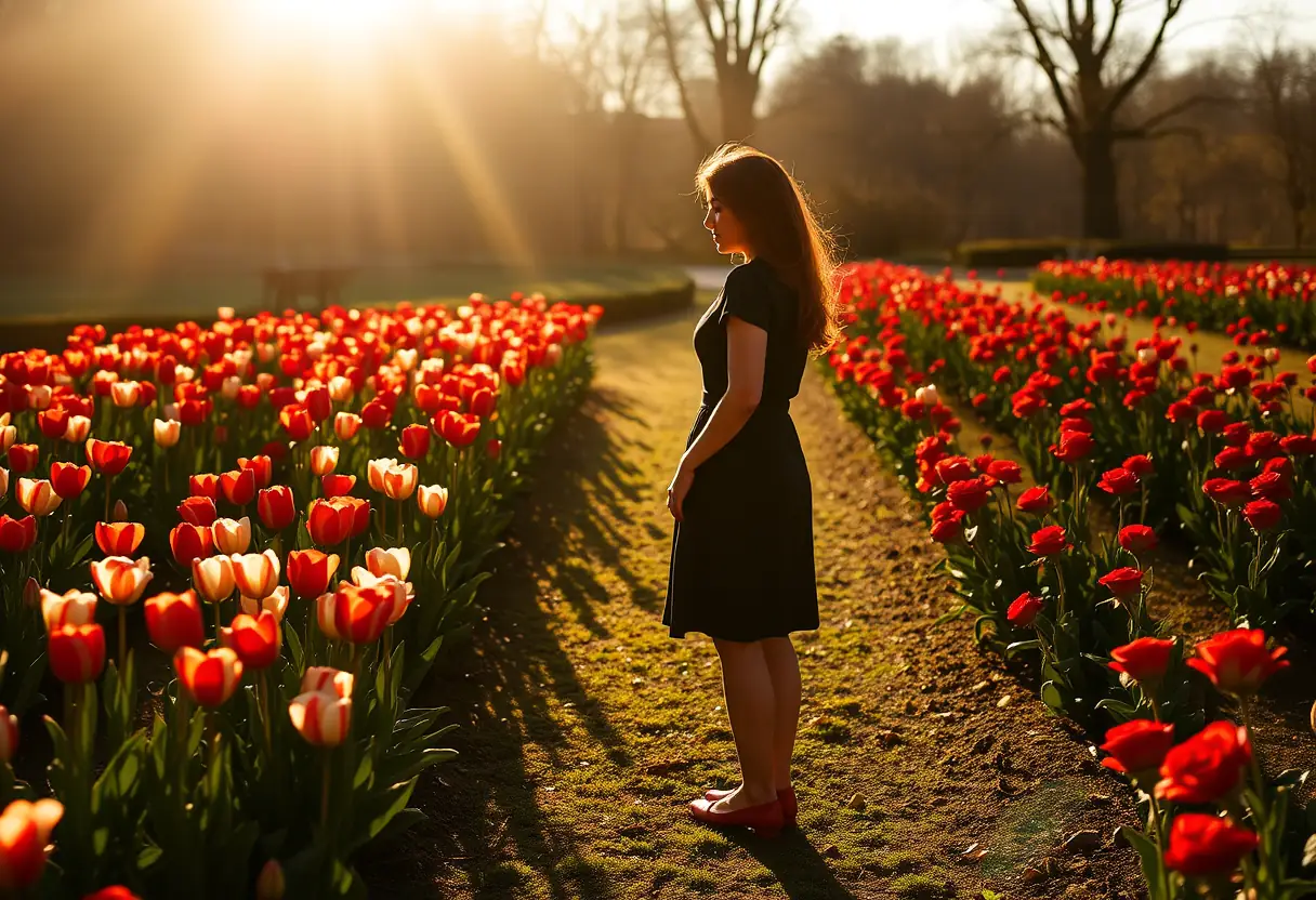 Silhouette d'une femme dans un jardin de tulipes et de roses rouges en fleur, lumière du matin