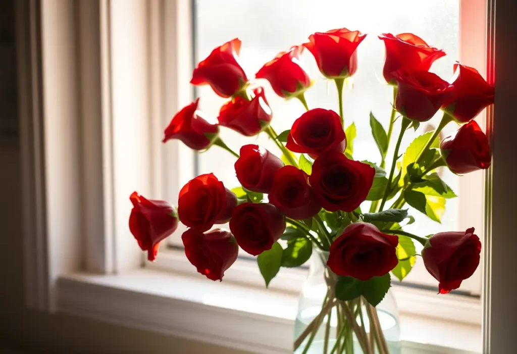 Un vase rempli de roses rouges sur un rebord de fenêtre baigné de lumière naturelle