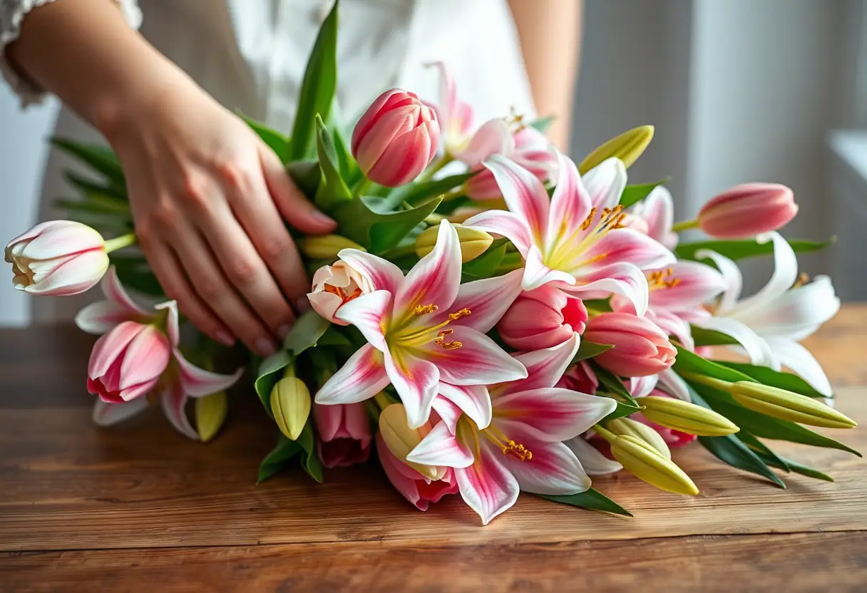 Une main arrange délicatement un bouquet de tulipes et de lys sur une table en bois