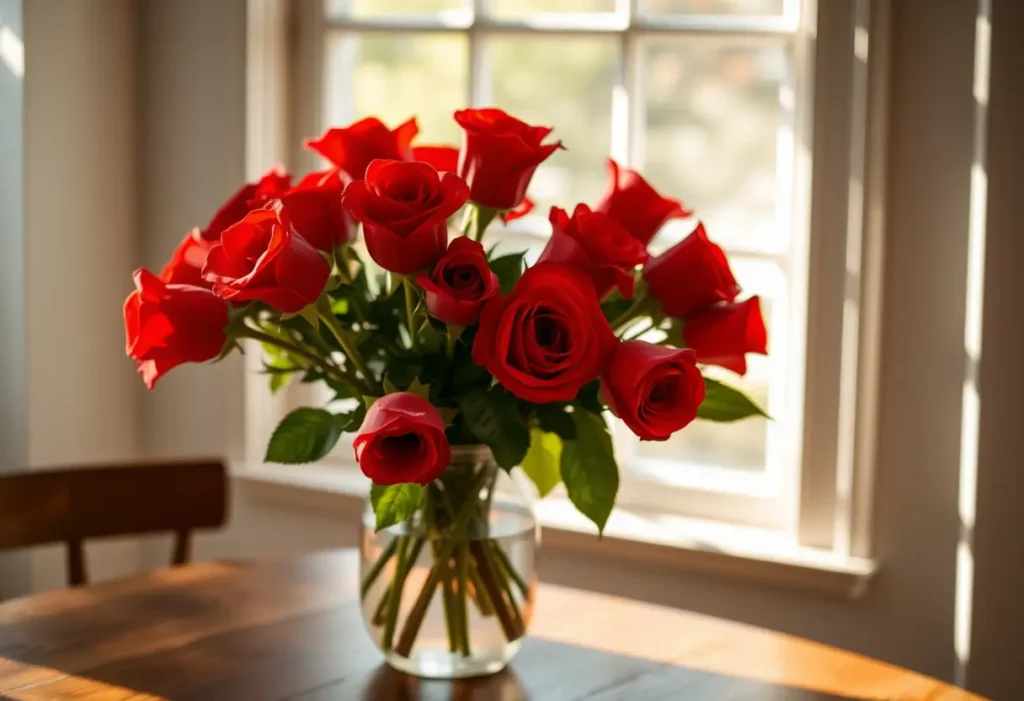 Un vase rempli de belles roses rouges sur une table en bois, éclairé par la lumière du soleil