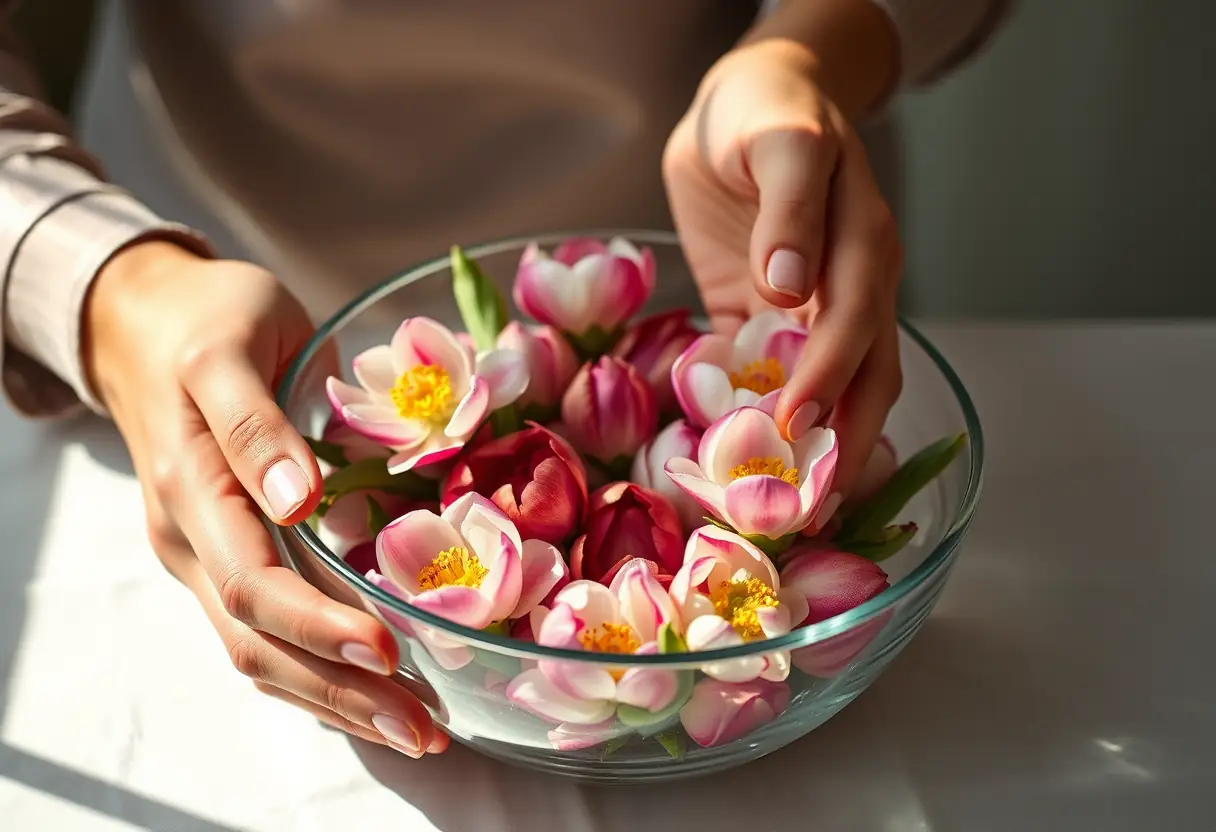 Des mains disposant délicatement des pivoines dans un bol de verre sous la douce lumière de l'après-midi