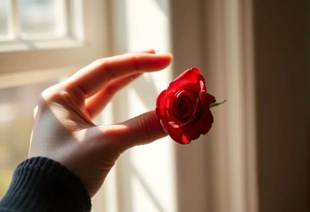 Une main tenant une rose rouge dans un rayon de soleil, symbolisant l'amour intense et éternel