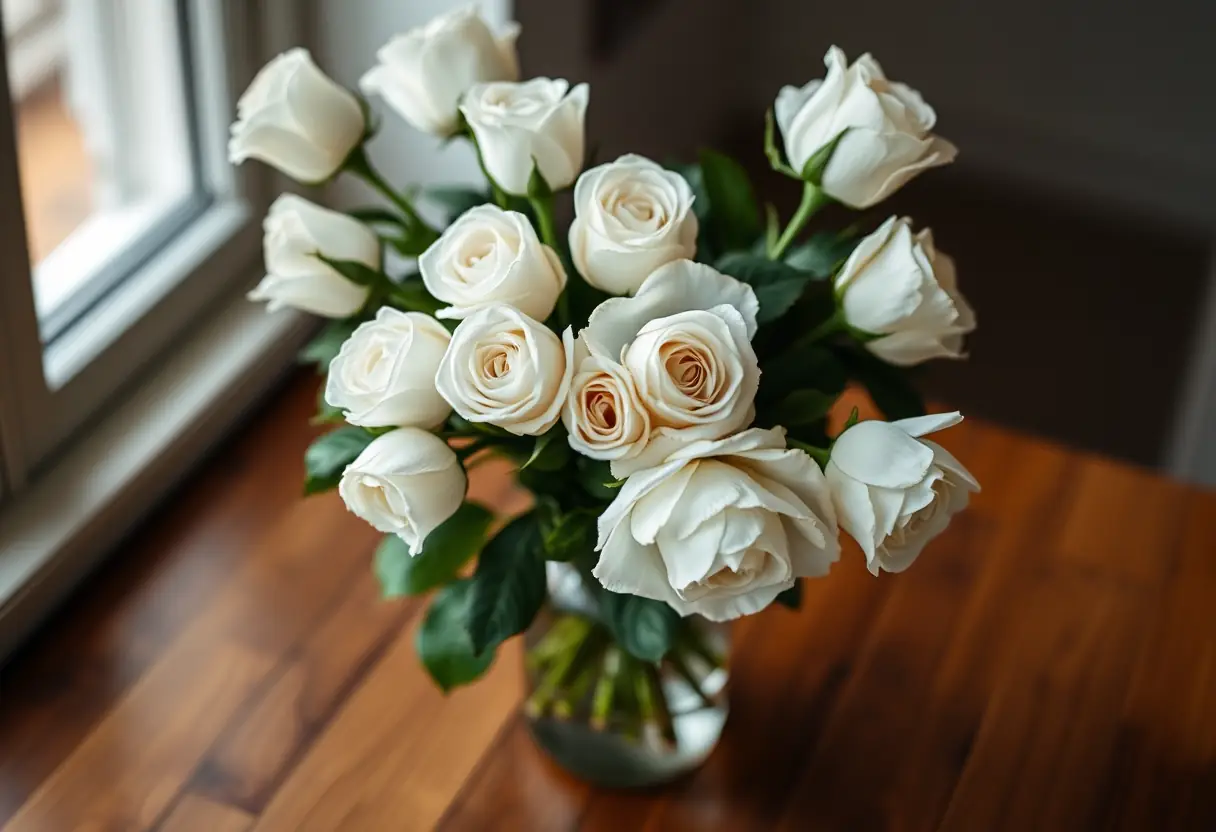 Un vase rempli de roses blanches sur une table en bois, représentant la pureté et l'innocence dans l'acceptation de soi