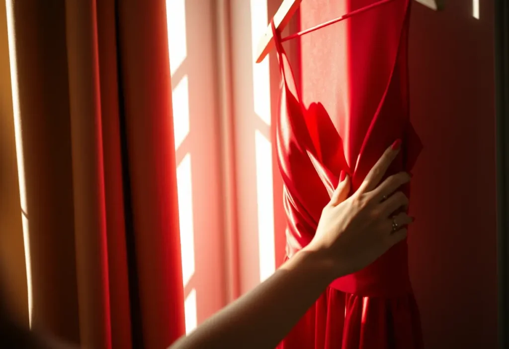 Une main féminine repousse délicatement une robe rouge en soie accrochée dans une penderie