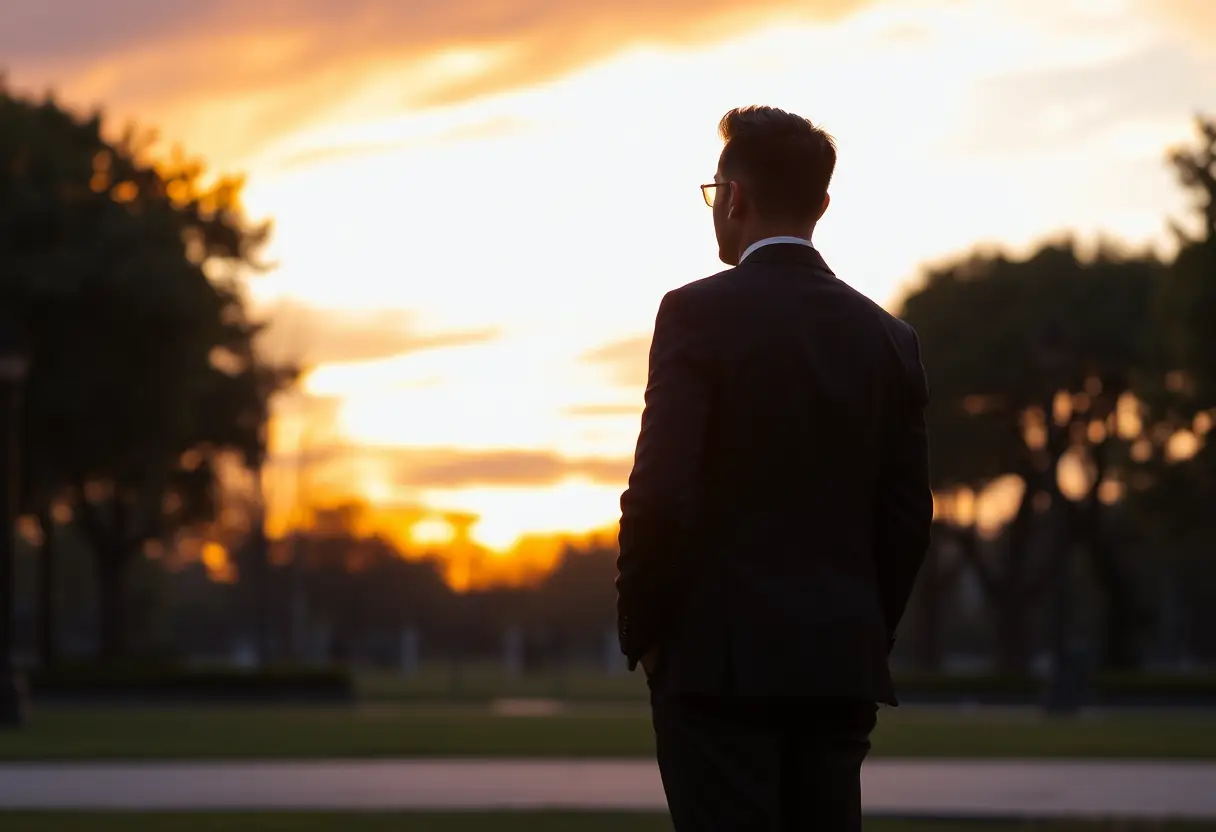 Un silhouettage d'une personne vêtue d'un costume noir taillé se tient dans un parc urbain au crépuscule