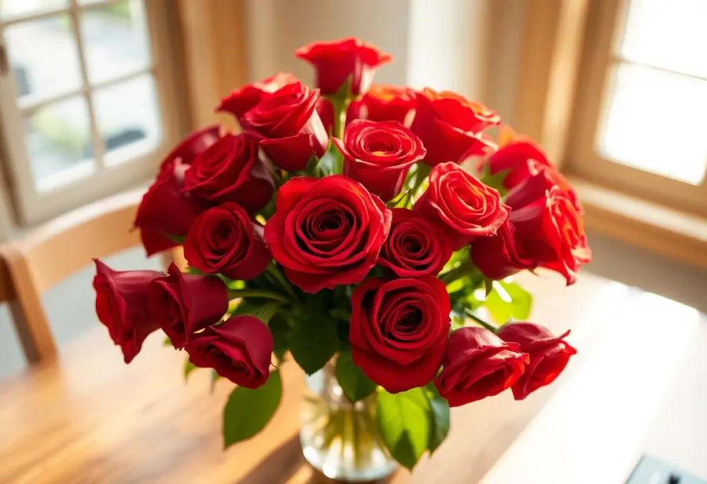 Un vase rempli de roses rouges sur une table en bois, la lumière du soleil met en valeur leurs pétales