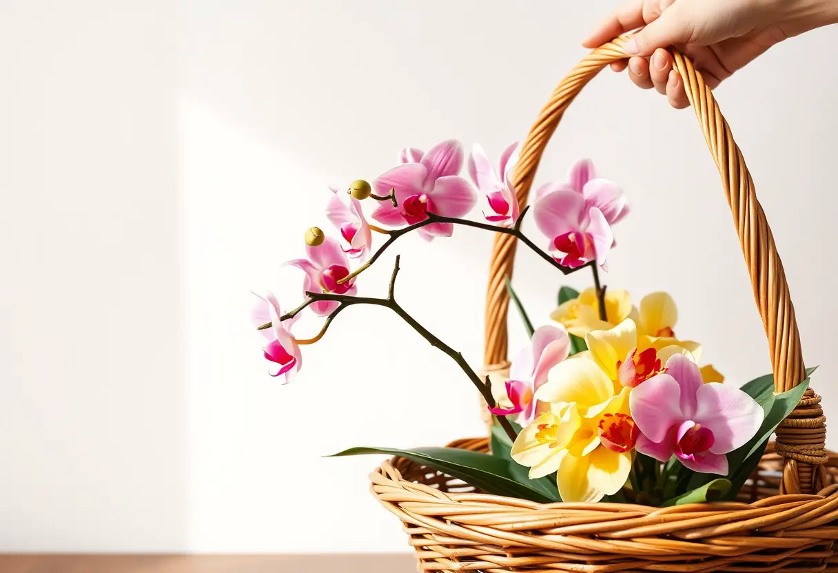 Une main choisissant des orchidées dans un panier en osier, les feuilles vertes et les fleurs colorées se détachent sur un fond neutre