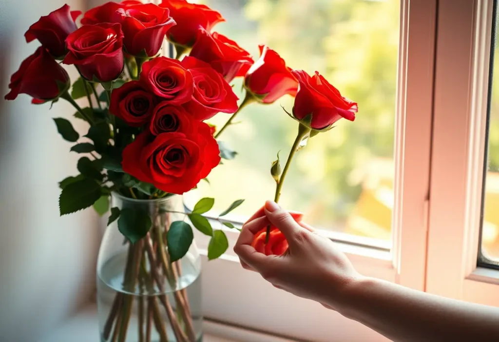 Un vase rempli de roses rouges sur un rebord de fenêtre éclairé par la lumière du soleil