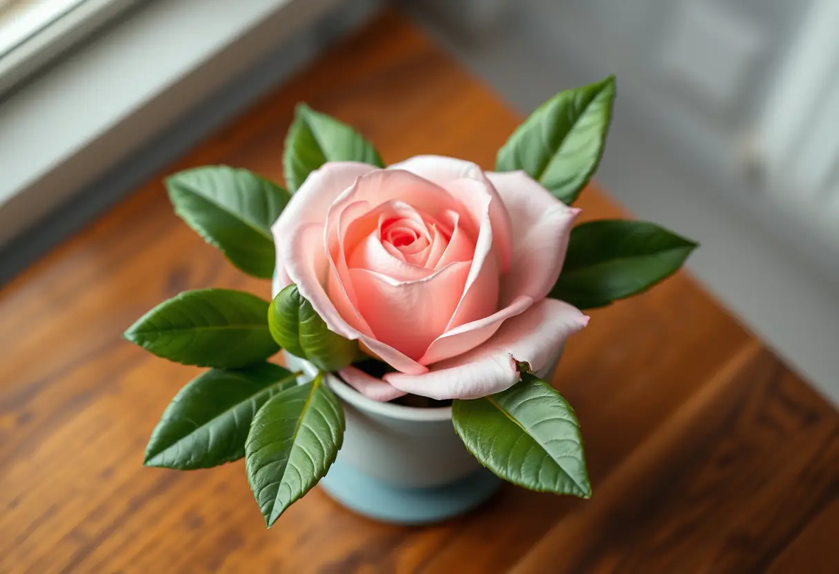 Une rose rose dans un petit pot en céramique posé sur une table en bois