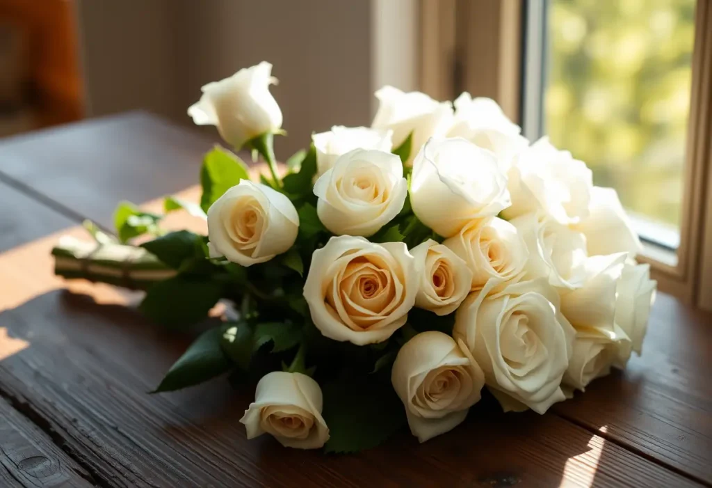 Bouquet de roses blanches sur une table en bois, éclairées par la lumière du soleil
