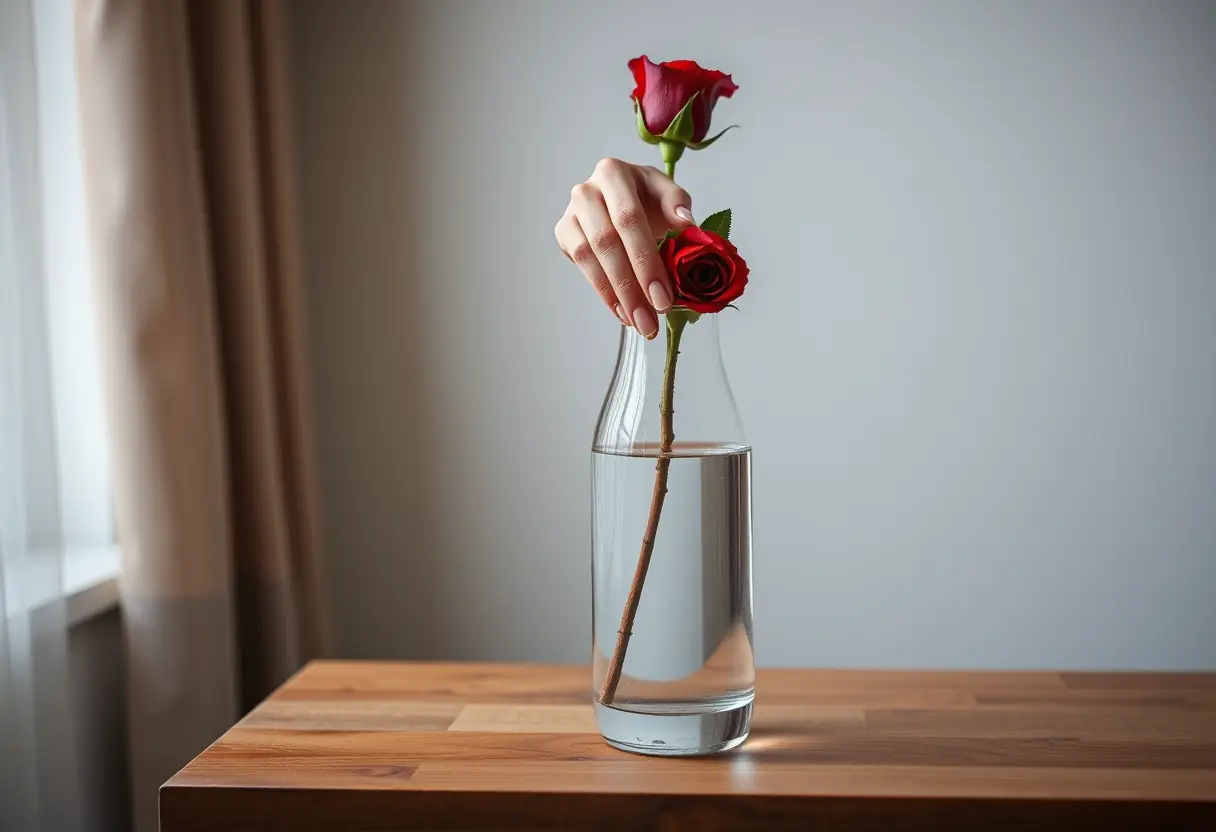 Main posant délicatement une rose rouge dans un vase sur un bureau en bois