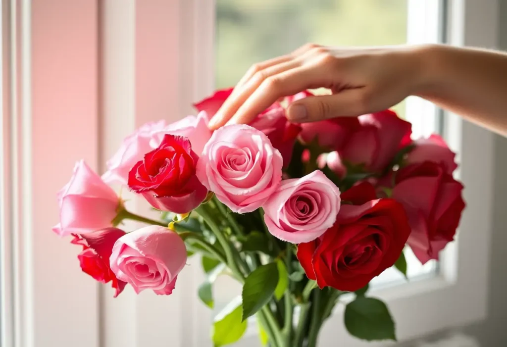 Un bouquet de roses roses et rouges se forme sous la main, éclairé par la lumière du soleil