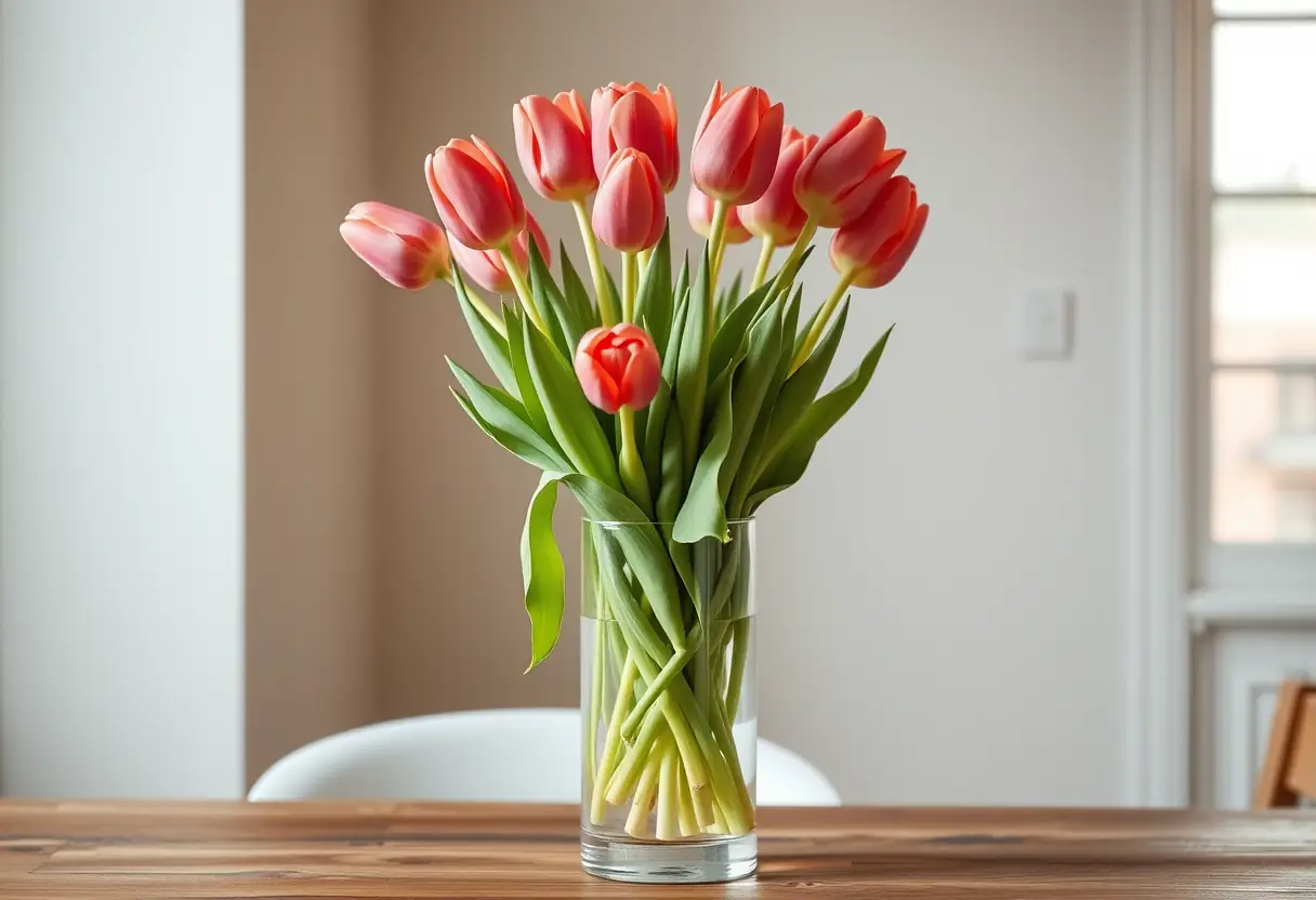 Un vase rempli de tulipes sur une table en bois, les tulipes s’étirant vers la lumière
