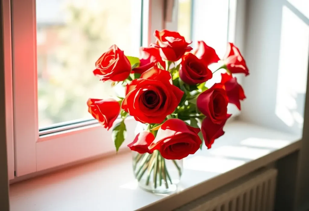 Un vase rempli de roses rouges sur un rebord de fenêtre baigné de lumière naturelle
