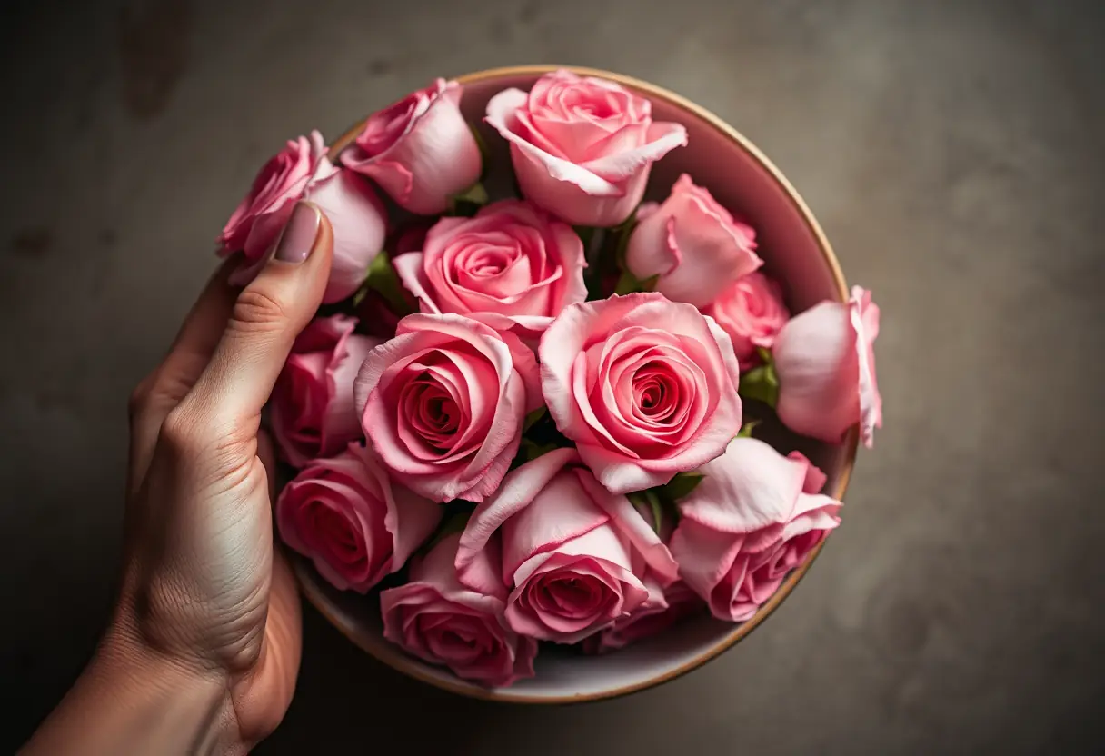 Des roses roses dans un bol en céramique, arrangées par une main invisible, sous une lumière douce