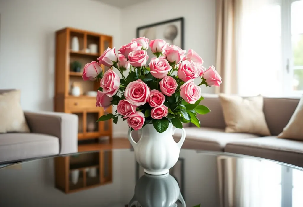 Mains posant un vase blanc avec des roses roses sur une table basse, lumière tamisée