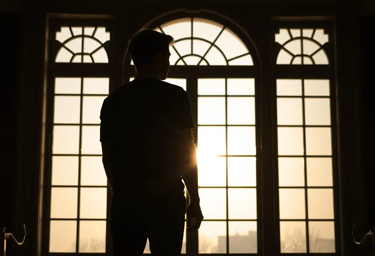 Silhouette devant une fenêtre ornée de cadres dorés, lumière du soir