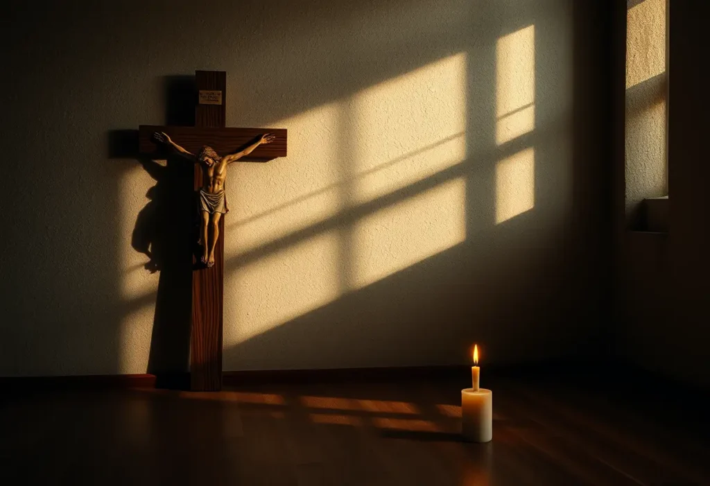 Croix en bois dans une chapelle sombre, symbole de l'amour spirituel