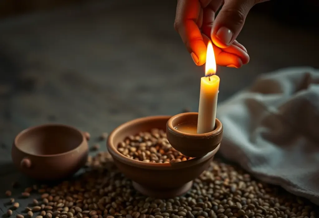 Une main allume une bougie dans un porte-bougies en terre cuite simple, éclairant un bol de graines, évoquant les rituels anciens de purification