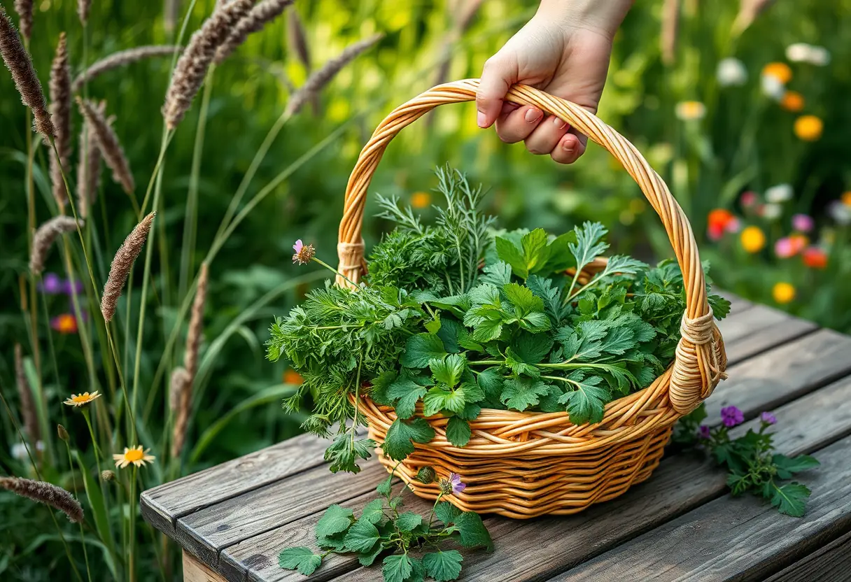 Une main plonge dans un panier rempli d'herbes fraîches sur une table en bois dans un jardin paisible
