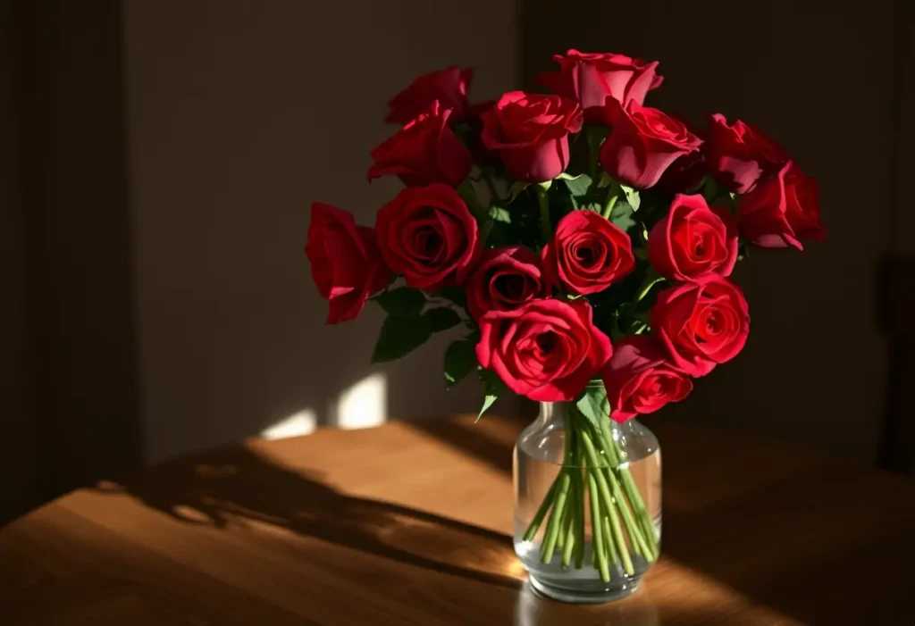 Un vase rempli de roses rouges sur une table en bois, évoquant l'amour et la tendresse.