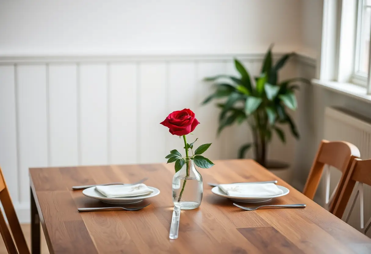 Un couvert pour deux avec une rose rouge sur la table