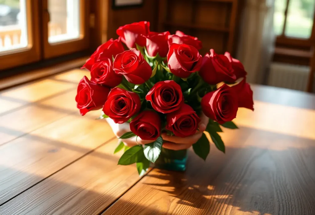 Un bouquet de roses rouges sur une table en bois, éclairé par la lumière du jour, mains arrangeant les fleurs