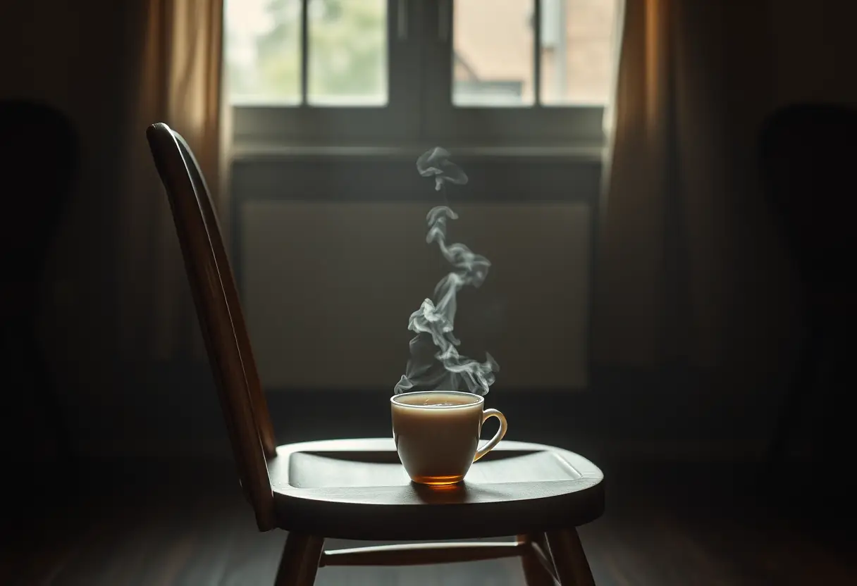 Un fauteuil en bois dans une pièce sombre, une tasse de thé aromatique fumante posée sur le bras du fauteuil