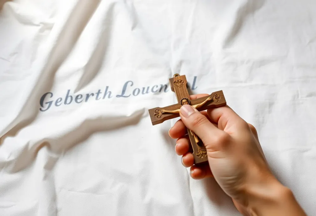 Une main tenant un crucifix en bois sur un linge blanc