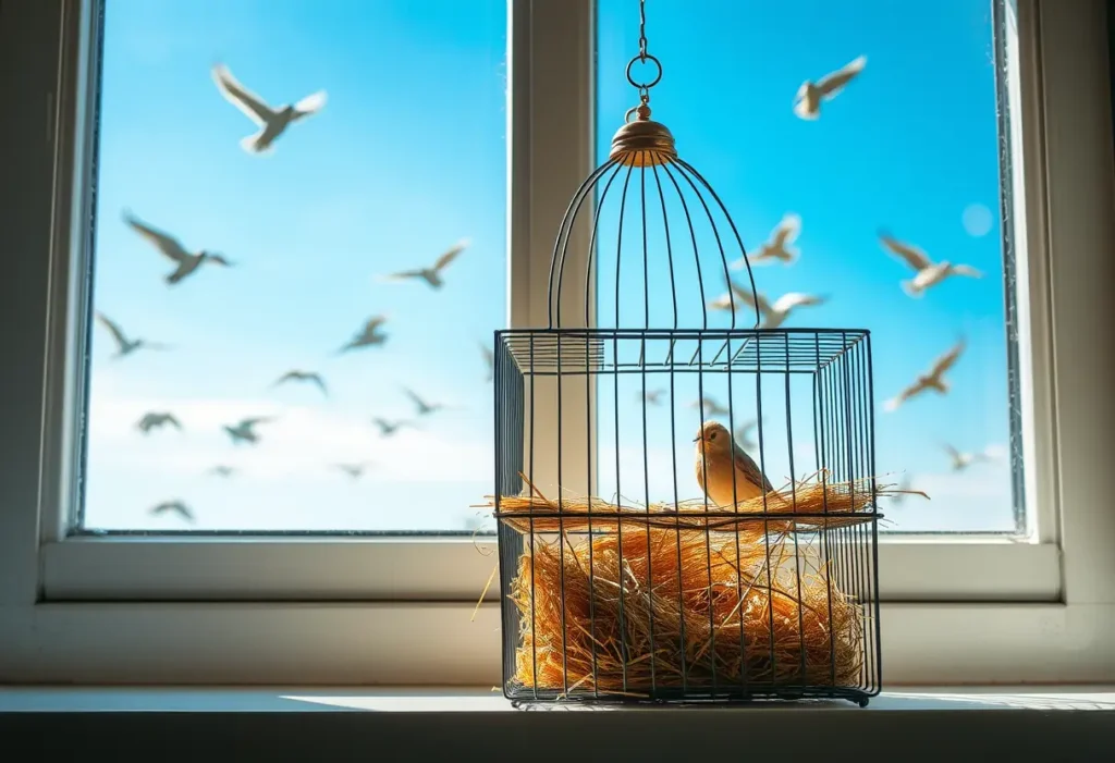 Un minuscule cage à oiseaux sur un rebord de fenêtre, représentant la liberté et l'enfermement.