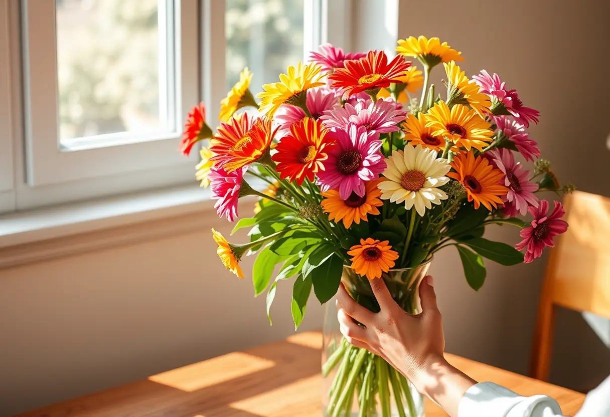 Un vase rempli de fleurs fraîches sur une table en bois