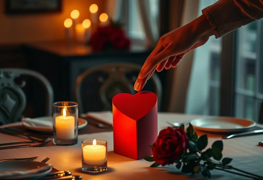 Une boîte en forme de cœur posée sur une table dressée pour deux, entourée de bougies vacillantes.