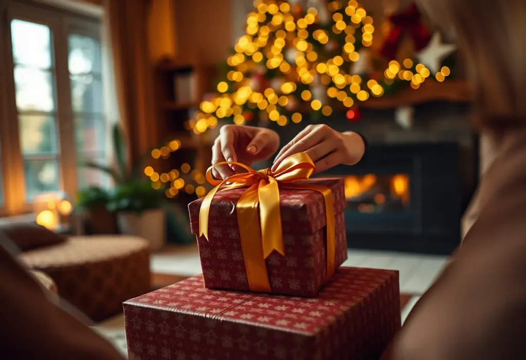 Mains emballant un cadeau avec du ruban doré dans un salon chaleureux