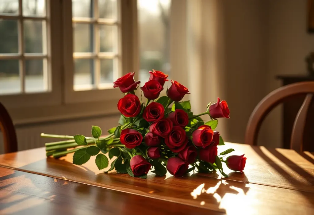 Bouquet de roses rouges sur une table de salle à manger