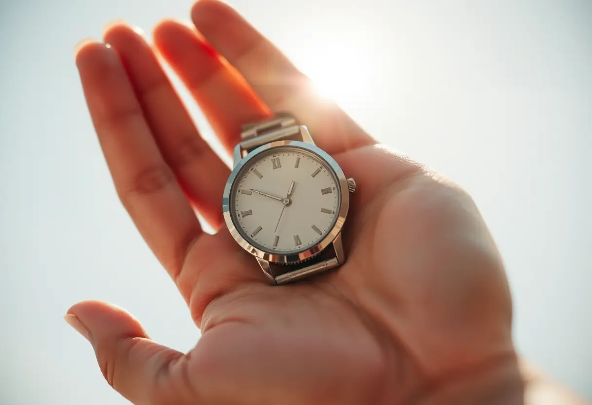 Main tenant une montre en argent sur fond lumineux