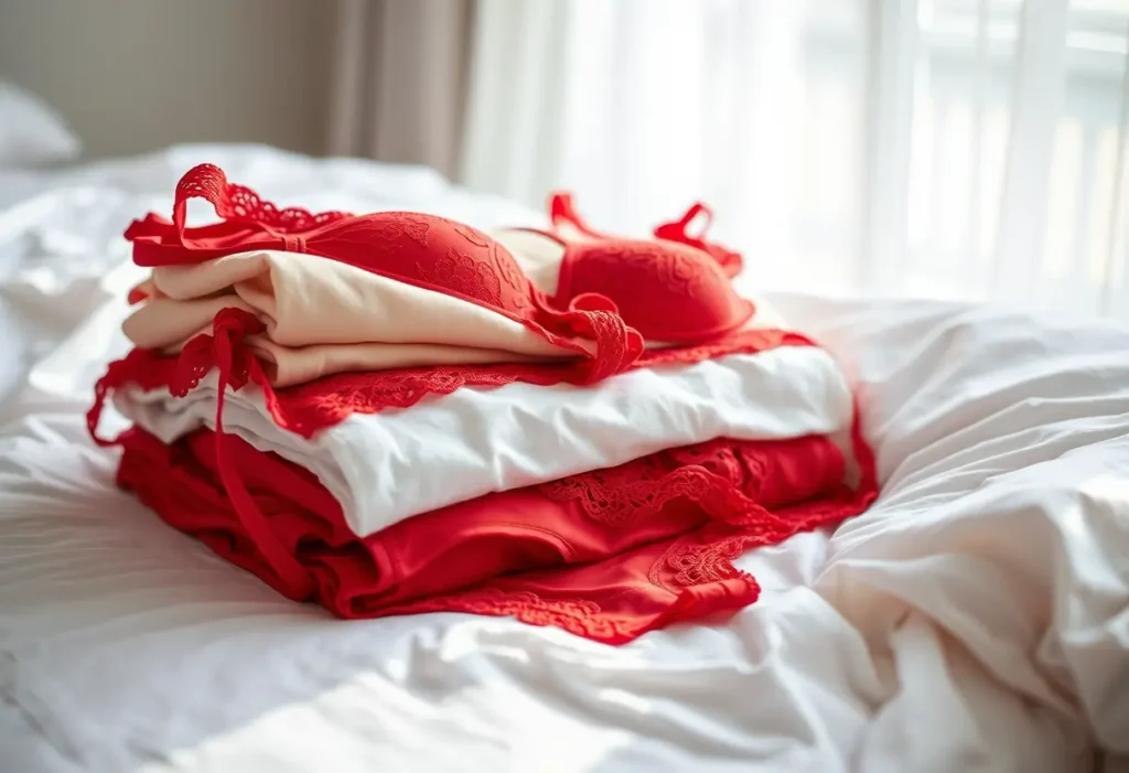 Ensemble de sous-vêtements assortis sur un lit, éclairé par la lumière du matin