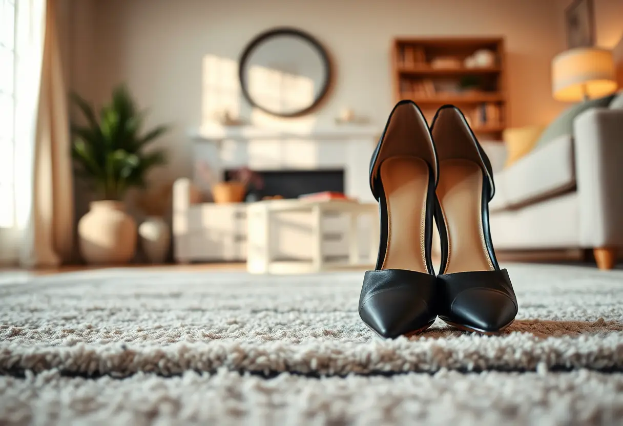 Un couple de chaussures à talons en satin noir reposent bien alignées sur un tapis dans un salon accueillant, la lumière douce souligne leur brillance